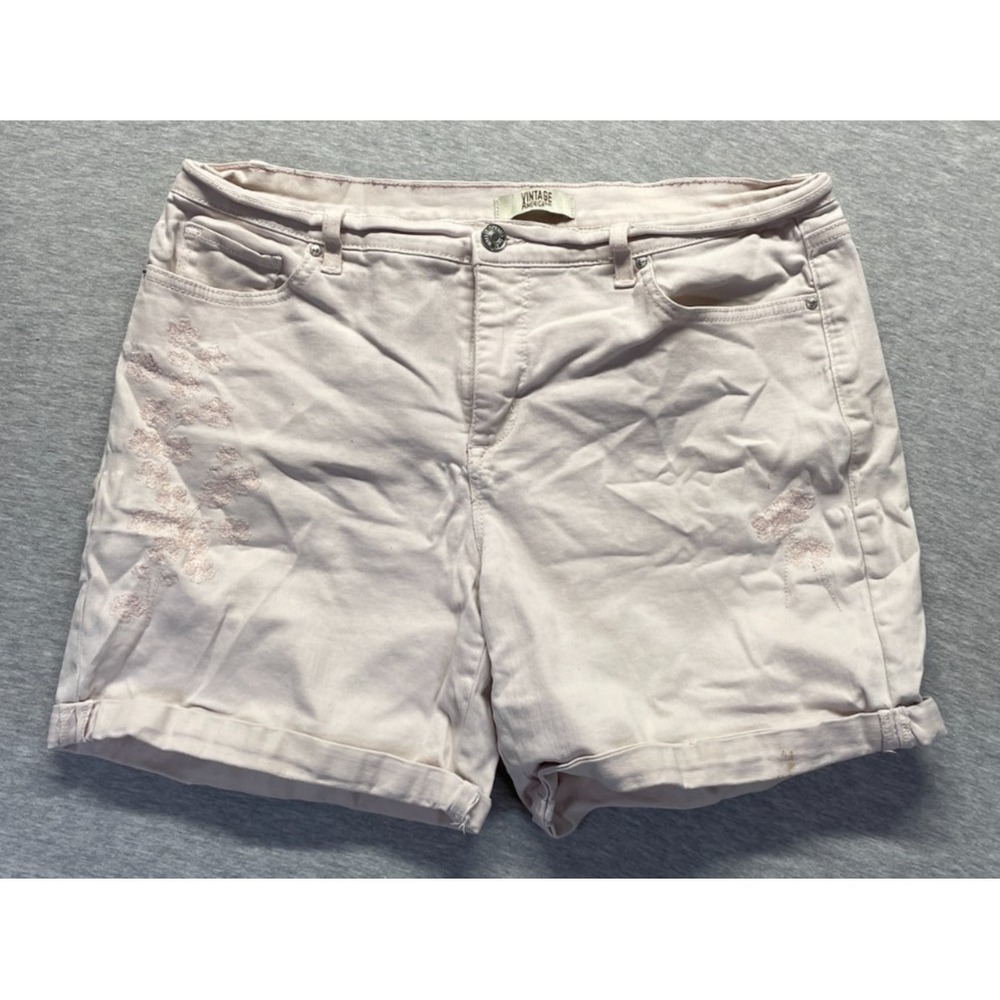 Vintage America Blues Shorts Womens 12 Beige Denim Embroidered Floral Cuffed Hem